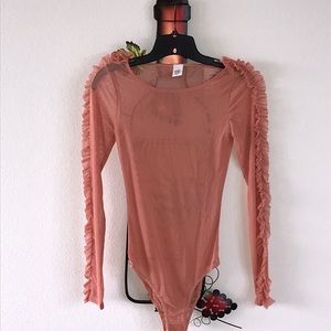 Long Sleeve  Sheer Bodysuit With Ruffle